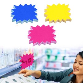 ZWWOGE Pack of 150 Price Tags, 7 x 9 cm Fluorescent Signs, Price Labels Signs, Sales Sign, Starburst Sign Price Label, for Supermarkets, Shop, Shop Party (Yellow + Pink + Blue)