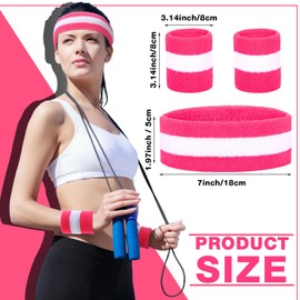 72 Pcs Bulk Striped Sweatband Set Include 24 Pcs Sweat Absorbing Striped Headbands and 48 Pcs Sweatbands Wristbands Cotton Athletic Sweat Bands for Men Women Gym Sports Workout (White, Pink)