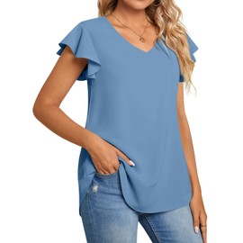 TAOHUADAO - playera casual de verano para mujer, con cuello en V, para leggings, blusas holgadas y cómodas, 1-volante-azul, XX-Large