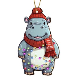 365RUSTIC Hippo Christmas Tree Ornament - Cute Hippopotamus Keepsake - Animal Decoration - 2 Side Printed Wooden Christmas Ornament