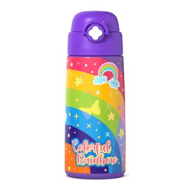Girls Insulated Water Bottle with Covered Pop-Up Straw,16 oz Kids Cups with Stainless Steel Leak Proof for School（Rainbow-Purple）