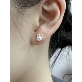 Cute Shell Pearl Flower Stud Earrings for Women 925 Sterling Silver Hypoallergenic Dainty Daisy Cherry 5mm Pearls Ball Studs Cartilage Tragus Post Fashion Small Jewelry (Silver-Tone)