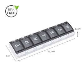 WELLGRO Pill Box for 7 Days, Pill Box, 1 Compartment per Day, Hinged Lid with Press Closure, Material: BPA-Free Plastic (PP), Choice of Colours, Colour: Black