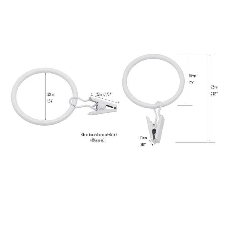 LBY 30 Pack Curtain Rings with Clips, 39mm(1.54'') Interior Diameter