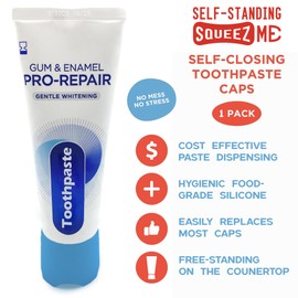 Self-Standing SqueezMe by Chrome Cherry, Self-Closing and Free-Standing Silicone Caps, Mess-Free Toothpaste Dispenser Squeezer Lids for Kids, Adults, Bathroom Accessories (Blue Self-Standing 1-Pack)