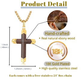 Ropartman Wooden Cross Necklace for Men, 18K Gold Plated Stainless Steel Mens Cross Necklaces Hand Inlaid Real Ebony, Christian Black Wood Crucifix Pendant 24" Box Chain (Gold)