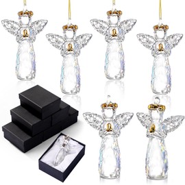 CroBlissful 6 Pcs Glass Angel Ornaments Thanksgiving Gift Christmas Crystal Angel Figurines Clear Hanging Angel Decor for Christmas Tree Car Home Decorations, Holiday Party Favors (Classic)