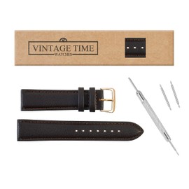 VintageTime Watch Straps - Buffalo Grain Padded Calf Leather Replacement Watch Bands | 18mm Dark Brown - Gilt Buckle