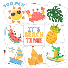 winthrop 120 Pcs Bulk Glitter Summer Temporary Tattoos for Kids, Individually Wrapped Safety Waterproof Tattoos, Best Choice for Hawaiian Luau Party Pool Beach Party Classroom Matching Game,60 Designs