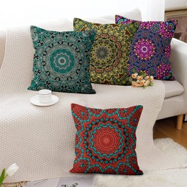 Boho Cushion Covers 40 x 40 cm Set of 4, Hnmdmyi Retro Floral Mandala Compass Medallion Decorative Throw Pillow Covers Bohemian Hippie Colorful Linen Pillowcases for Sofa Bed Garden Outdoor Home Decor