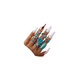Zhang shine Vintage Turquoise Rings Set Western Rings Bohemian Silver Eagle Oval Geometric Stackable Rings Set Joint Knuckle Rings Midi Stacking Rings for Women And