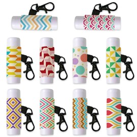 DELORIGIN 10pcs Geometric Patterns Lip Balm Holder Keychain Polka Dots Lipstick Sleeves with Metel Clasp Chapstick Elastic Sleeves Lip Gloss Keychain Holder for Lip Balm Chap Stick Storage