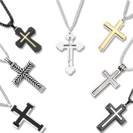 Boston Bay Diamonds Men's Cross Pendant Necklace in 316L Stainless Steel Oxidized Fishtail Cross on 24” Curb Chain