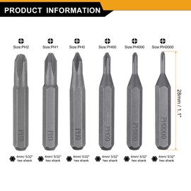 sourcing map 6pcs PH00000-PH2 Phillips Screwdriver Bit Set 5/32" Hex Shank 28mm Length Magnetic Cross Head Hex Bits S2 Steel Screw Driver Bit for Electric Manual Screwdrivers Precision Repair