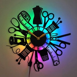 IndieClock Sewing Themed Wall Clock with Led Lights, Gifts for Sewing Lovers, Craft Room Decor, Quilter Gifts, Quilting Design for Crafter, Black Vinyl Record
