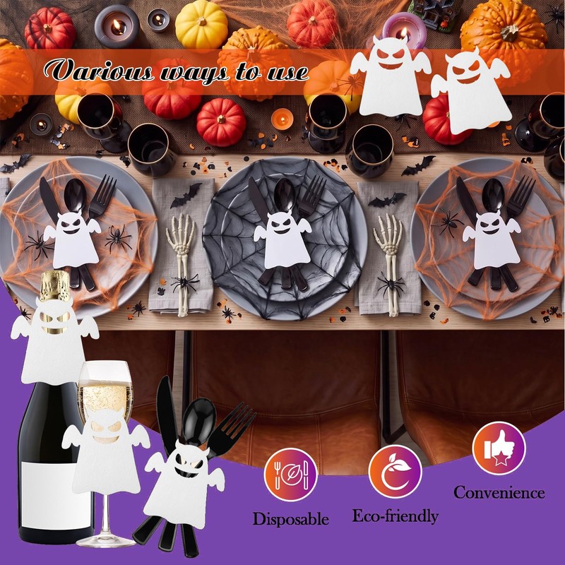 25 Set Black Halloween Cutlery Set with Felt Twist Tie,