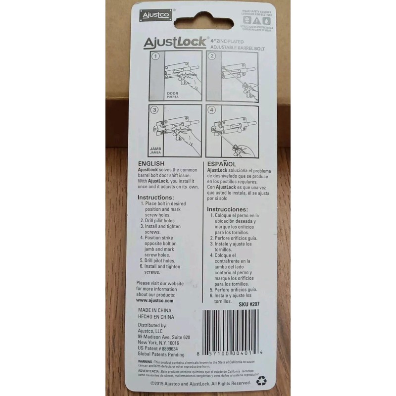 Ajustco AjustLock 4" Zinc Plated Adjustable Barrel Bolt Siding Lock