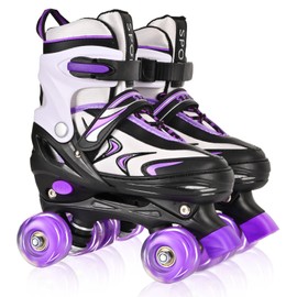 ZHUKAIKJ 4 Size Adjustable Roller Skates Kids for Boys and Girls with All Light Up Wheels, Toddler Kids Beginner for Outdoor Indoor Sports, Small(10C-13C US), Black&PurPle