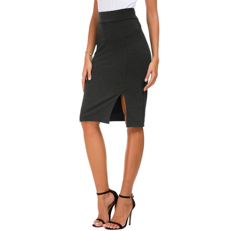 Women's Business Solid High Waist Pencil Skirt Side Slit Stretchy