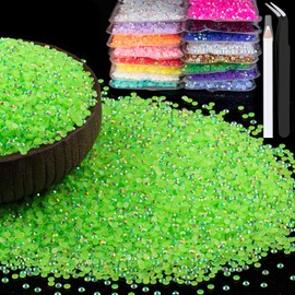 8000pcs 3mm Resin Rhinestones Bulk, Fluorescent Green AB Flatback Round Jelly Rhinestones Non Hotfix Crystal Gems Large Quantity Wholesale for DIY Crafts Clothes Face Makeup Manicure