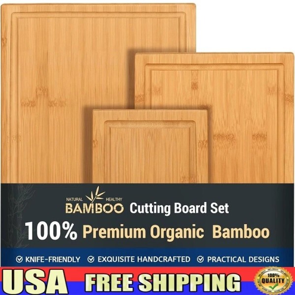Bamboo Cutting Board Set W/ Juice Groove Knife Friendly Eco