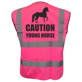 Equestrian CAUTION YOUNG HORSE Hi Viz Vis Vest Horse Riding Reflective Waistcoat Jacket Road Safety Visibility Pink Small