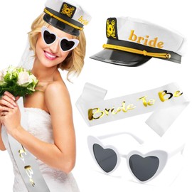 KICOSY Bride Captain Hat Set, Embroidered Captain Hat, Bride to Be Sash, White Heart Sunglasses | Bachelorette Party Accessories, Bridal Shower Outfit, Beach Theme Gifts