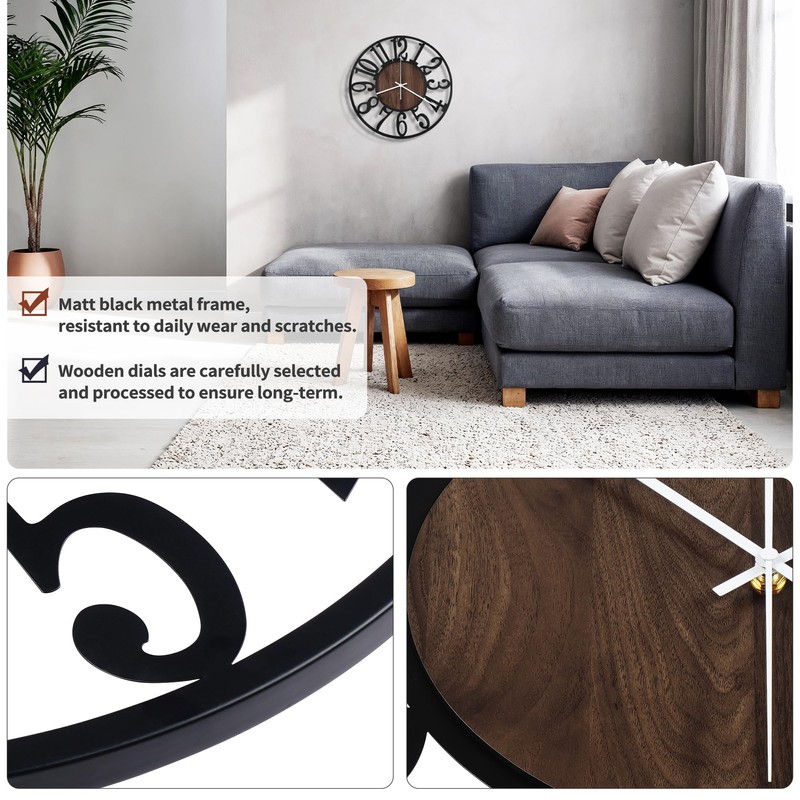 Maxstar Wall Clock Battery Operated,Silent Non-Ticking Modern Rustic Metal Round