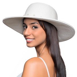 Wide Brim Sun Hat - Pearl Trim - White