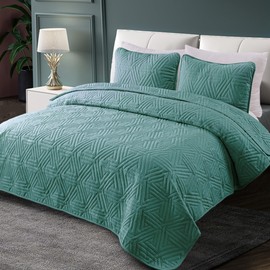 Whale Flotilla Soft Queen Size Quilt Set for All Seasons, 3-Piece Ultrasonic Geometric Quilts Bedding Set, Lightweight Reversible Bedspread, Coverlet, Bed Cover with 2 Pillow Shams, Turquoise Green