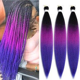 Pre Stretched Braiding Hair 26 Inch Ombre Blue Braiding Hair Extensions Hot Water Setting Crochet Box Braids Hair (26 Inch (Pack of 3), Black-Purple Red-Blue)