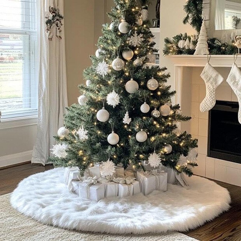 White Faux Fur Christmas Tree Skirt for Holiday Decorating –