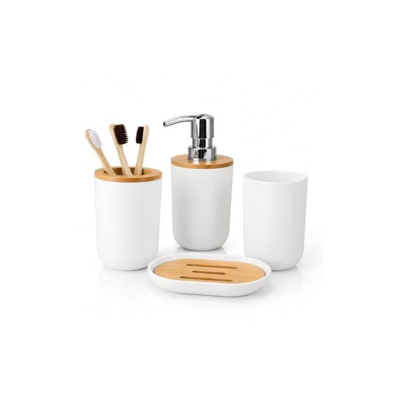 Set 4 Baño Dispensador, Jabonera, Porta Cepillos, Vaso Blanco