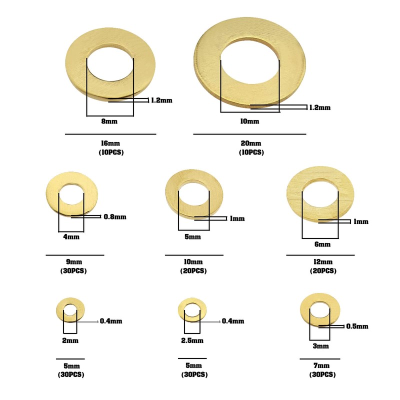 ECSiNG 180PCS Brass Flat Washer Assortment Set 8 Sizes M2