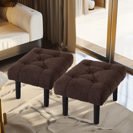 HOUCHICS Fur Padded Foot Stool, Small Ottoman Foot Rest with Wooden Legs,Modern Rectangle Chair Foot Rest Foot Step Stool for Living Room, Couch, Desk (Brown-2 Pack)