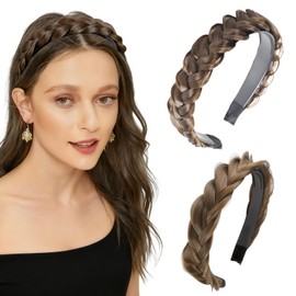 2PC Braided Headband with Tooth – Wide Faux Hair Braid Wig Hairband, Messy Fishbone & Geflochten Haarband Shape – for Women Fashion Accessories for Oktoberfest, Wedding, Parties, Comb Fit(Light Brown)