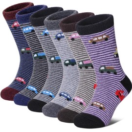 FNOVCO Kids Merino Wool Hiking Socks Toddlers Boys Girls Cozy Thermal Winter Thick Warm Crew Socks 6 Pairs (8-12 Years, Car)