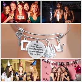 Miss Pink 17th Birthday Jewelry Gifts for Women Stainless Steel Expandable Bangle 17 Year Old Charm Bracelets for Daughter Granddaughter