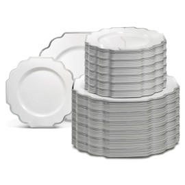 " OCCASIONS " 240 Plates Pack (120 Guests) Heavyweight Wedding Party Disposable Plastic Plates Set -120 x 10.5'' Dinner + 120 x 8'' Salad/Dessert Plate (Imperial in White & Silver Rim)