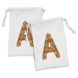 Ambesonne Letter a Fabric Pouch Set of 2, Autumn Themed Leaves Vivid Color Palette Fall Seasonlphabet Sign, Small Drawstring Bag for Toiletries Masks and Favors, 9" x 6", Vermilion Yellow Green
