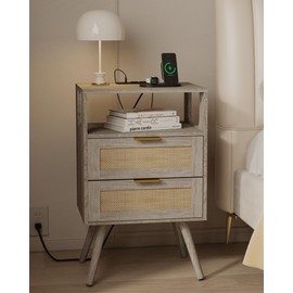 JOONEE Rattan Nightstand with Charging Station,Farmhouse Bedside Table with 2 Storage Drawer and Open Wood Shelf, for Bedroom and Small Spaces,Night Stand with Solid Wood Legs (Grey Oak-Outlet)