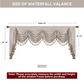 Loom and Mill Luxury Jacquard Waterfall Valance for Living Room, Floral Damask Swag Window Valances with Multi-Tassels, Elegant Swag Curtains for Bedroom Holiday Banquet Decor(W110, Light Taupe+Gold)