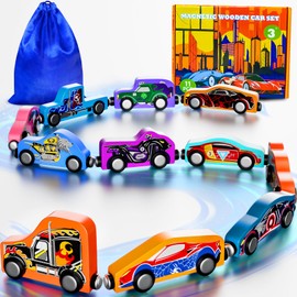 Toys for Boys 3-5, 11 Magnetic Car Set Wooden Toys for Toddlers Montessori Toys for 3+ Year Old Superhero Toys Toddler Cars Christmas&Birthday Gifts for 3+ Year Old Boys Cars Toys for Kids 3-5