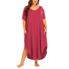 Beocut Womens Plus Size Nightgowns Sleepwear Short Sleeve Sleep Dress Maxi Night Gowns with Pockets 3X Red