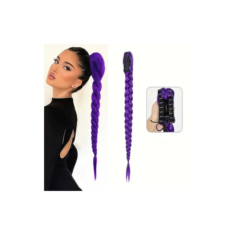 Purple Braided Ponytail Hair Extension, Claw Clip in Synthetic Braid