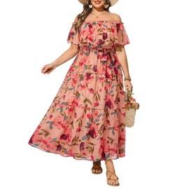 Plus Size Boho Dress Summer Casual Easter Beach Off Shoulder Maxi Floral Pink Chiffon Long Sundresses 2025