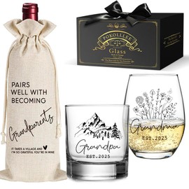 Pokolllee Est 2025 New Grandparents Gifts Wine Glass Set 15oz, First Time Grandparents Gifts, Est 2025 Pregnancy Announcement Wine Bag, Novelty Baptism Wine Glass Gifts for Grandpa Grandma