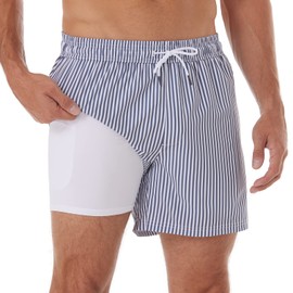 BRISIRA - Bañador para hombre, de secado rápido, 5 pulgadas, con forro de compresión y bolsillo con cierre, Rayas azul y blanco, 34