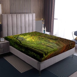 Loussiesd Forest Fitted Sheet Double Autumn Forest Tree Fitted Sheet Trees Foggy Print Box Spring Bed Sheet Lightweight Soft Microfiber Forest Scene Print Bed Sheet Green