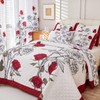 EVENHUG Quilt Twin Size Red Rose Bedding Set Floral Bedspread
